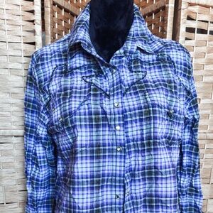 Wrangler Rock 47 Pearl Snap Shirt Purple Plaid Rhinestone Guitars Western Y2K